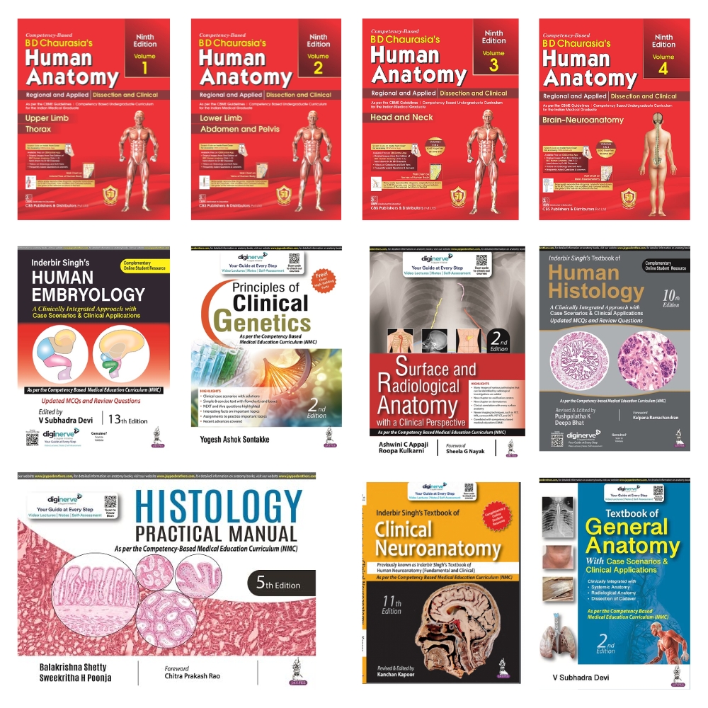 Anatomy Combo- Textbook Of General Anatomy, (BDC) Human Anatomy 9Ed Vol -1 , Human Anatomy 9Ed Vol- 2 ,Human Anatomy 9Ed Vol 3 And 4 Set Of 2 Vols, Inderbir Singh’S Human Embryology, Histology Practical Manual, Principles Of Clinical Genetics, Surface And Radiological Anatomy, Inderbir Singh’S Textbook Of Human Histology, Inderbir Singh’S Textbook Of Clinical Neuroanatomy
